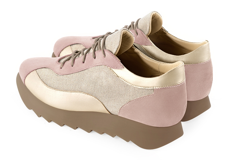 Powder pink and gold women's two-tone elegant sneakers. Round toe. Low rubber soles. Rear view - Florence KOOIJMAN